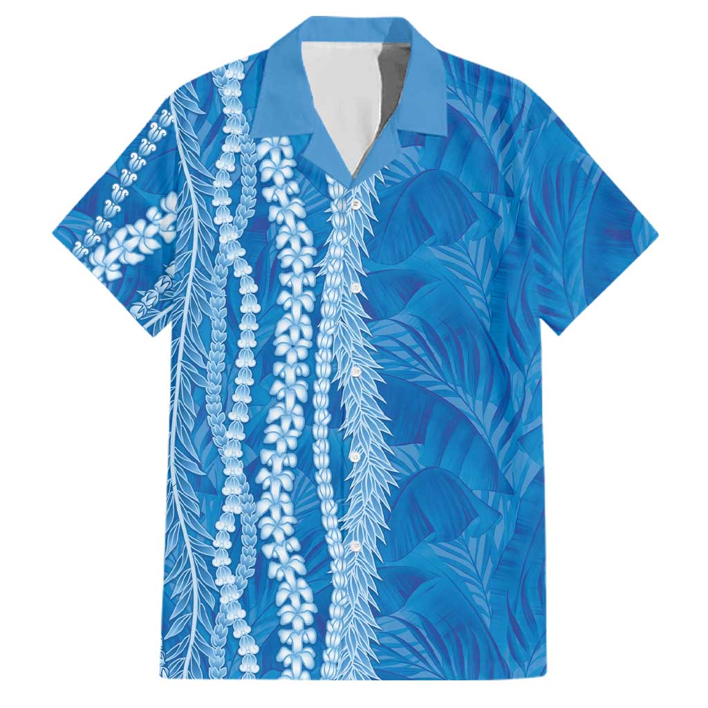 Hawaii Prince Kuhio Family Matching Off Shoulder Short Dress and Hawaiian Shirt Blue Hawaiian Lau Maia With Leis LT05 Dad's Shirt - Short Sleeve Blue - Polynesian Pride