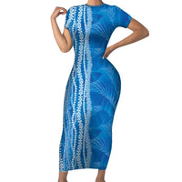 Hawaii Prince Kuhio Family Matching Short Sleeve Bodycon Dress and Hawaiian Shirt Blue Hawaiian Lau Maia With Leis LT05 Mom's Dress Blue - Polynesian Pride