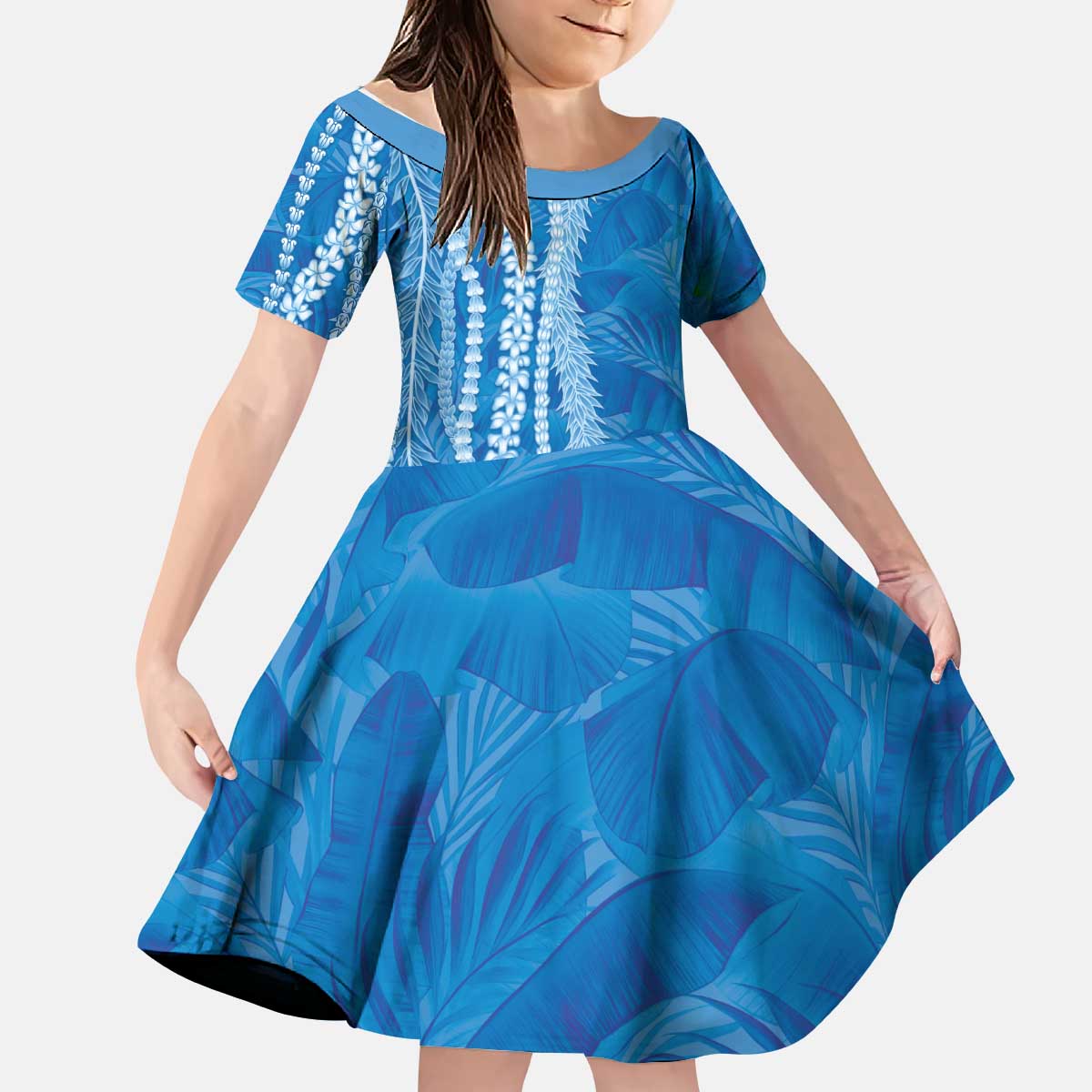 Hawaii Prince Kuhio Kid Short Sleeve Dress Blue Hawaiian Lau Maia With Leis