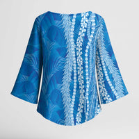 Hawaii Prince Kuhio Kimono Sleeve Blouse Blue Hawaiian Lau Maia With Leis LT05 - Polynesian Pride
