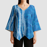 Hawaii Prince Kuhio Kimono Sleeve Blouse Blue Hawaiian Lau Maia With Leis LT05 - Polynesian Pride
