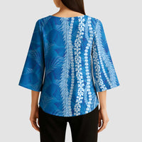Hawaii Prince Kuhio Kimono Sleeve Blouse Blue Hawaiian Lau Maia With Leis LT05 - Polynesian Pride