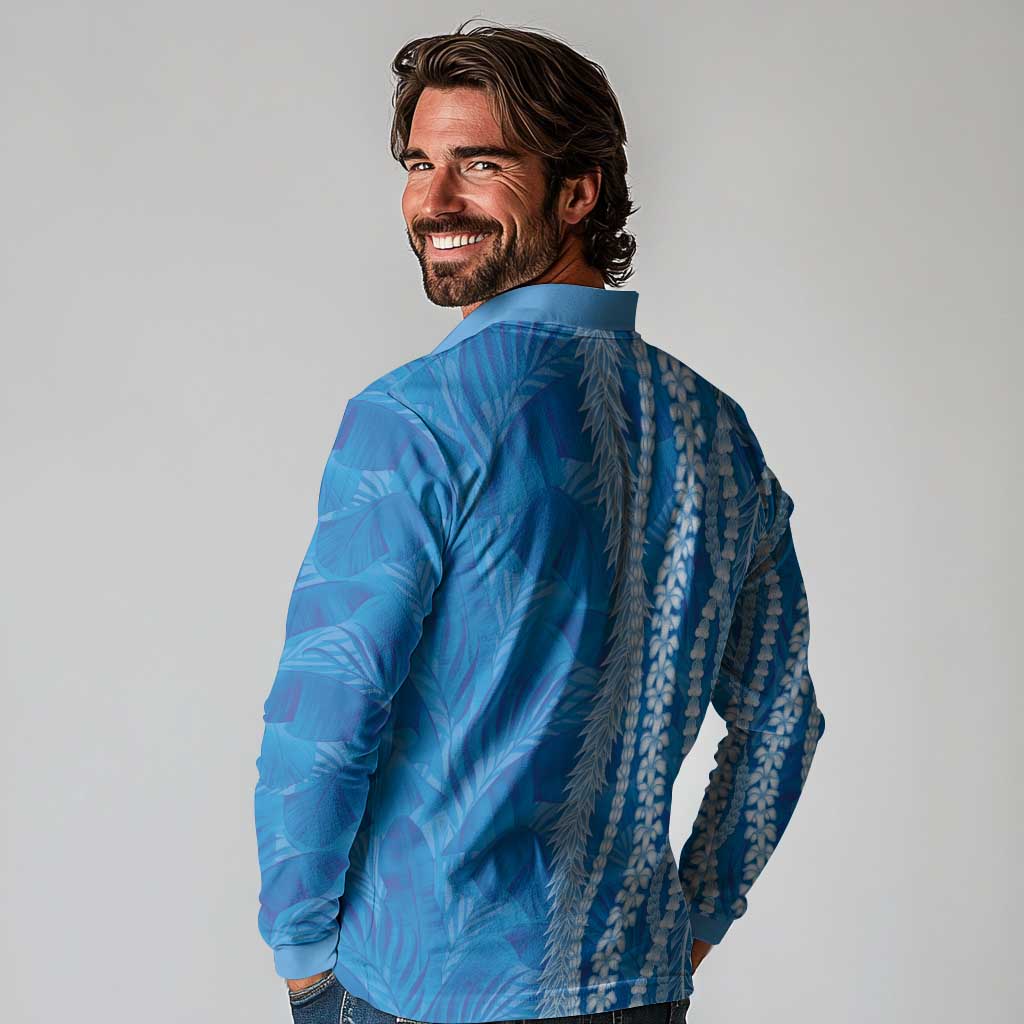Hawaii Prince Kuhio Long Sleeve Polo Shirt Blue Hawaiian Lau Maia With Leis