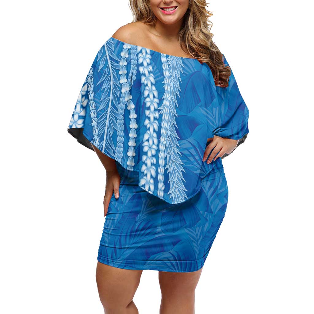 Hawaii Prince Kuhio Off Shoulder Short Dress Blue Hawaiian Lau Maia With Leis