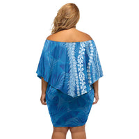 Hawaii Prince Kuhio Off Shoulder Short Dress Blue Hawaiian Lau Maia With Leis