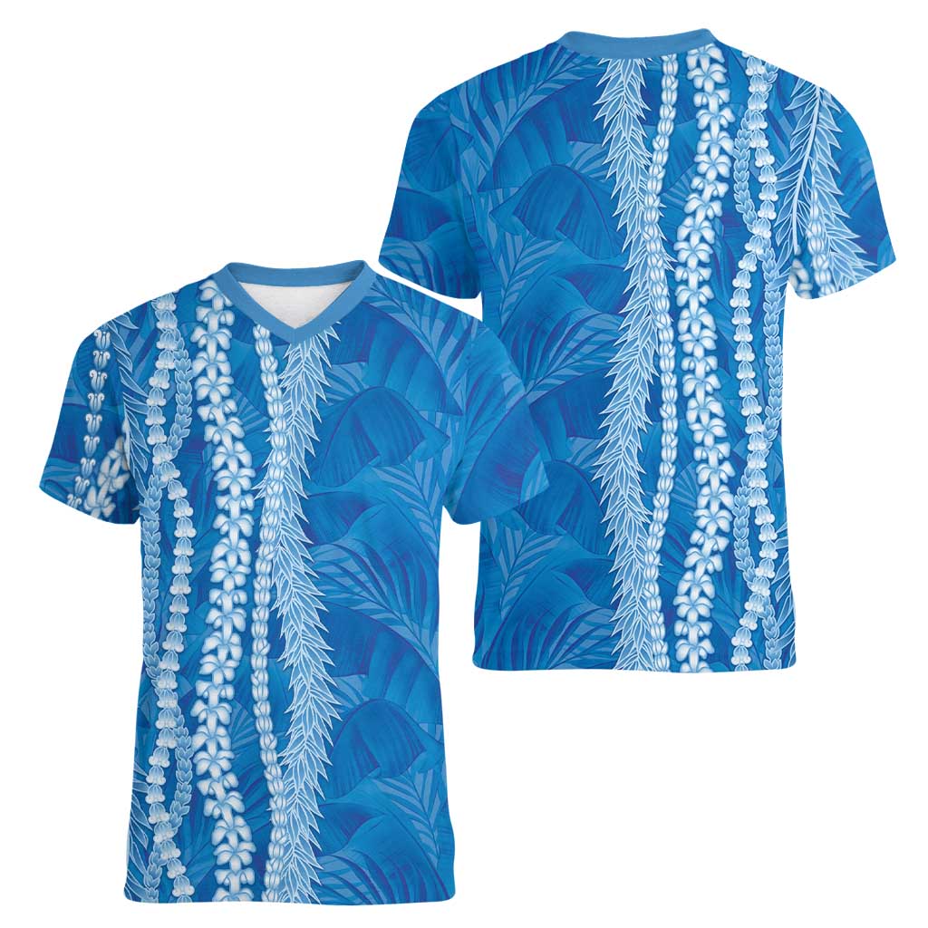 Hawaii Prince Kuhio Women V-Neck T-Shirt Blue Hawaiian Lau Maia With Leis LT05 - Polynesian Pride