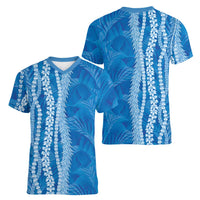 Hawaii Prince Kuhio Women V-Neck T-Shirt Blue Hawaiian Lau Maia With Leis LT05 - Polynesian Pride