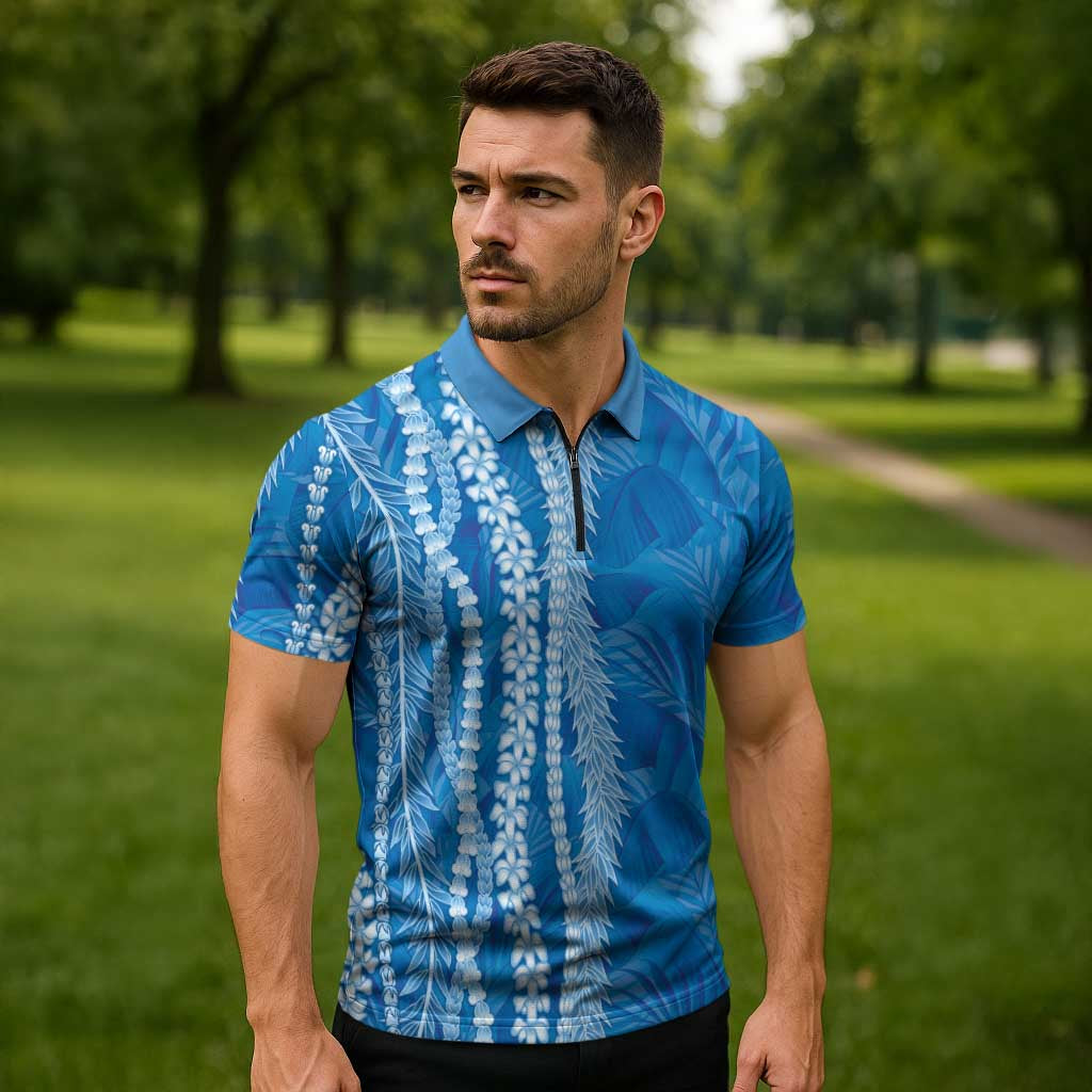 Hawaii Prince Kuhio Zipper Polo Shirt Blue Hawaiian Lau Maia With Leis LT05 - Polynesian Pride