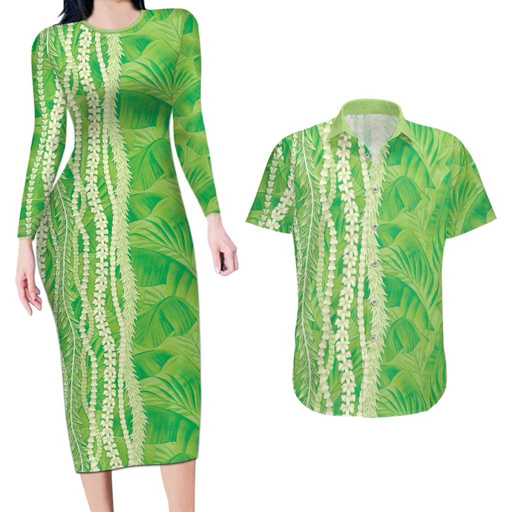 Hawaii Prince Kuhio Couples Matching Long Sleeve Bodycon Dress and Hawaiian Shirt Lime Green Hawaiian Lau Maia With Leis