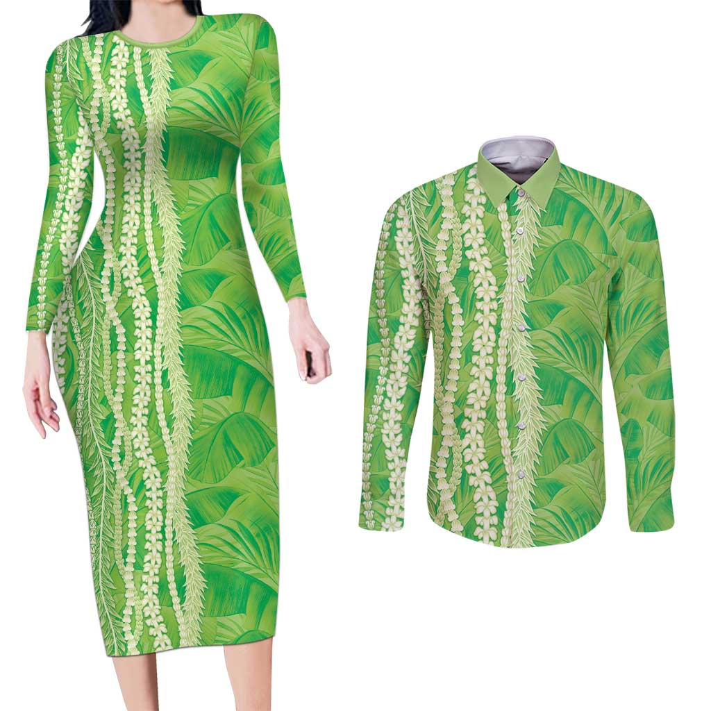 Hawaii Prince Kuhio Couples Matching Long Sleeve Bodycon Dress and Long Sleeve Button Shirt Lime Green Hawaiian Lau Maia With Leis