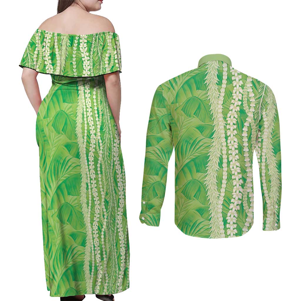 Hawaii Prince Kuhio Couples Matching Off Shoulder Maxi Dress and Long Sleeve Button Shirt Lime Green Hawaiian Lau Maia With Leis LT05 - Polynesian Pride