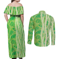 Hawaii Prince Kuhio Couples Matching Off Shoulder Maxi Dress and Long Sleeve Button Shirt Lime Green Hawaiian Lau Maia With Leis LT05 - Polynesian Pride