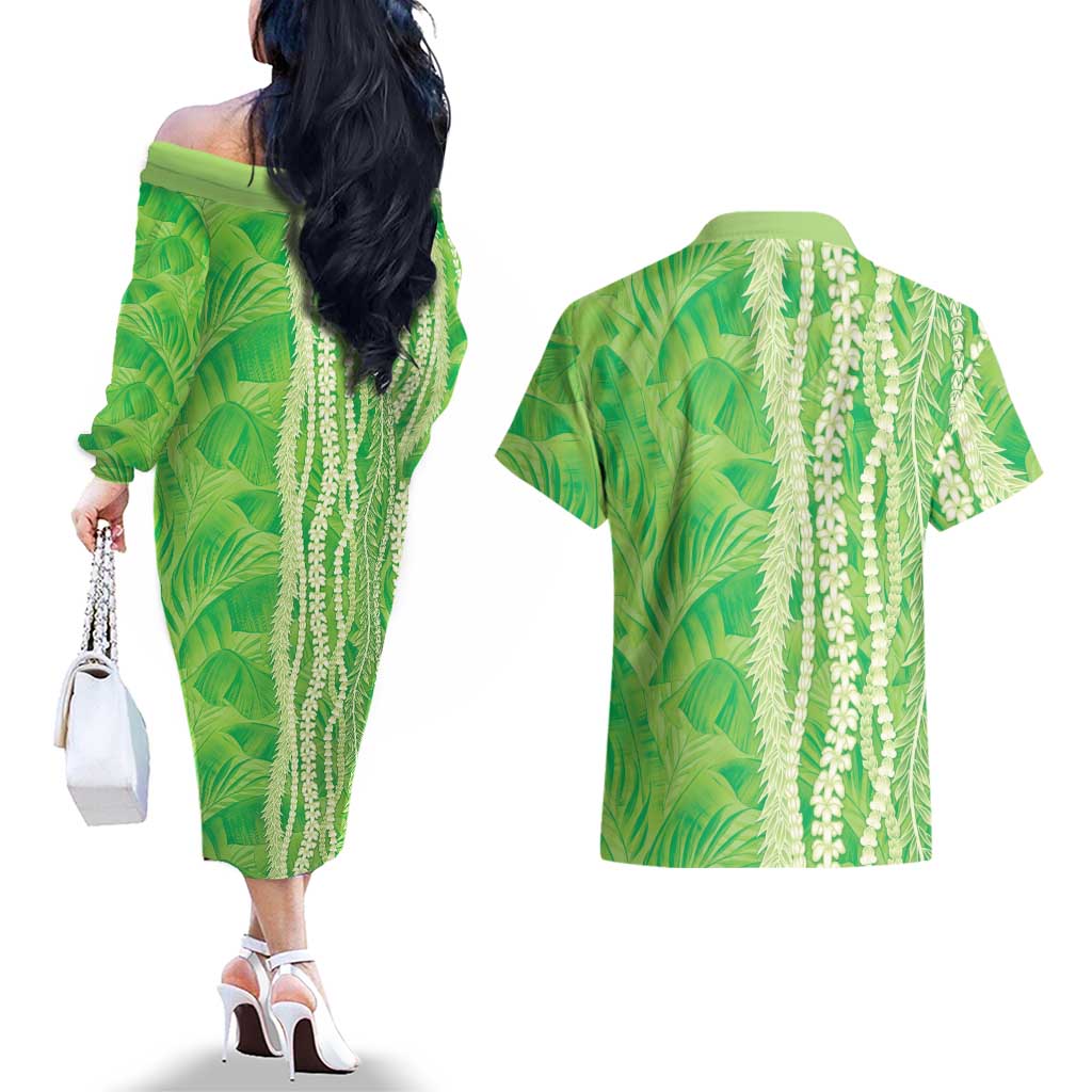 Hawaii Prince Kuhio Couples Matching Off The Shoulder Long Sleeve Dress and Hawaiian Shirt Lime Green Hawaiian Lau Maia With Leis