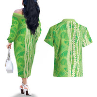 Hawaii Prince Kuhio Couples Matching Off The Shoulder Long Sleeve Dress and Hawaiian Shirt Lime Green Hawaiian Lau Maia With Leis