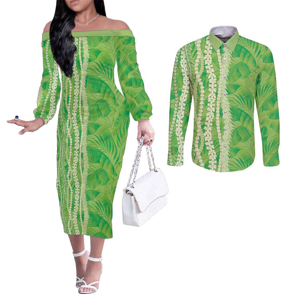 Hawaii Prince Kuhio Couples Matching Off The Shoulder Long Sleeve Dress and Long Sleeve Button Shirt Lime Green Hawaiian Lau Maia With Leis
