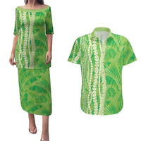 Hawaii Prince Kuhio Couples Matching Puletasi and Hawaiian Shirt Lime Green Hawaiian Lau Maia With Leis LT05 Green - Polynesian Pride