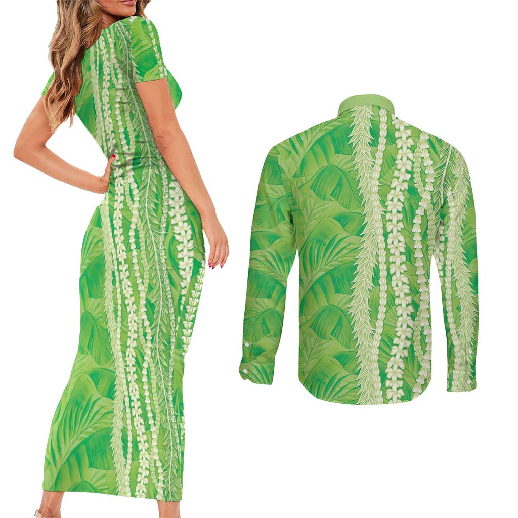 Hawaii Prince Kuhio Couples Matching Short Sleeve Bodycon Dress and Long Sleeve Button Shirt Lime Green Hawaiian Lau Maia With Leis