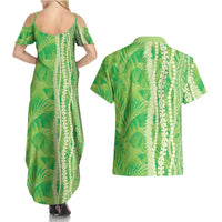 Hawaii Prince Kuhio Couples Matching Summer Maxi Dress and Hawaiian Shirt Lime Green Hawaiian Lau Maia With Leis