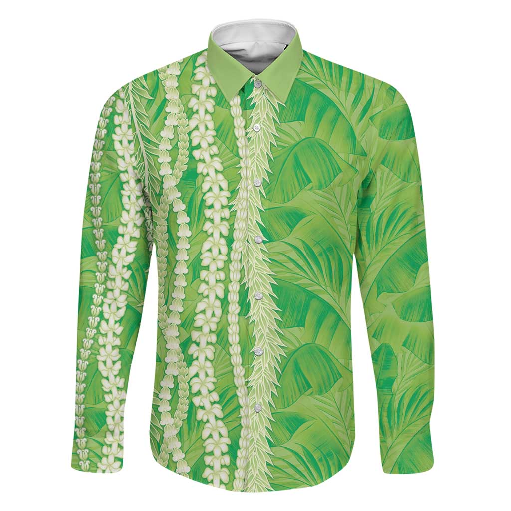 Hawaii Prince Kuhio Family Matching Long Sleeve Bodycon Dress and Hawaiian Shirt Lime Green Hawaiian Lau Maia With Leis LT05 Dad's Shirt - Long Sleeve Green - Polynesian Pride