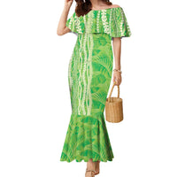Hawaii Prince Kuhio Family Matching Mermaid Dress and Hawaiian Shirt Lime Green Hawaiian Lau Maia With Leis LT05 Mom's Dress Green - Polynesian Pride
