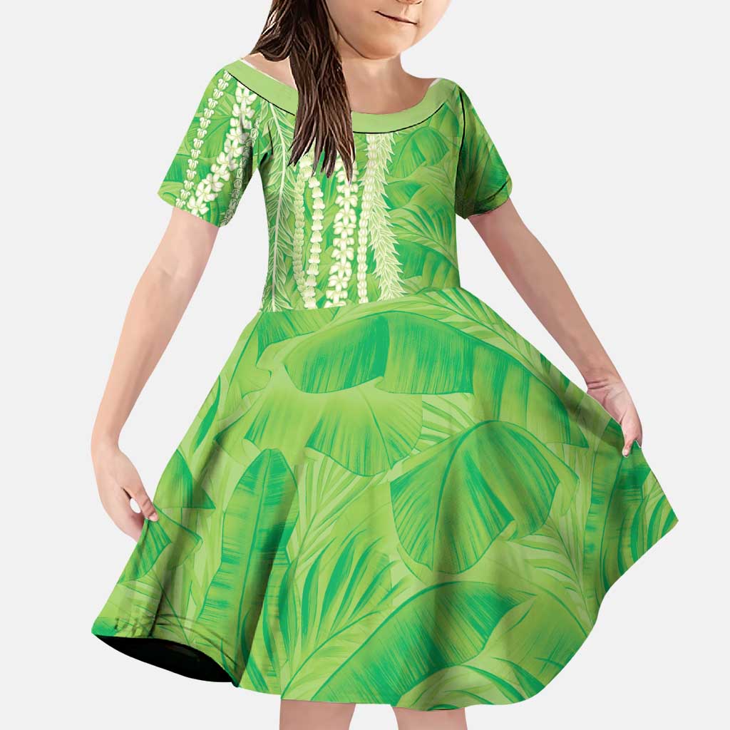 Hawaii Prince Kuhio Family Matching Off The Shoulder Long Sleeve Dress and Hawaiian Shirt Lime Green Hawaiian Lau Maia With Leis LT05 Daughter's Dress Green - Polynesian Pride