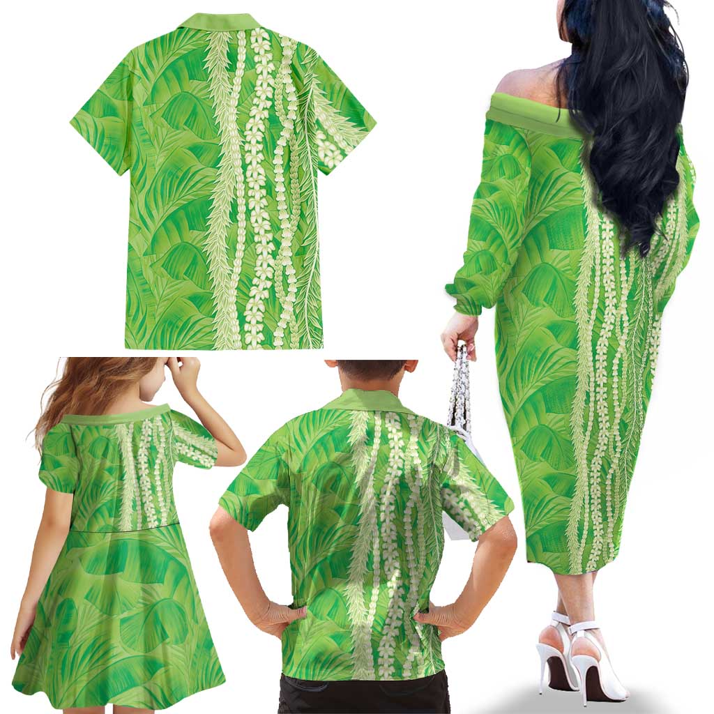 Hawaii Prince Kuhio Family Matching Off The Shoulder Long Sleeve Dress and Hawaiian Shirt Lime Green Hawaiian Lau Maia With Leis LT05 - Polynesian Pride