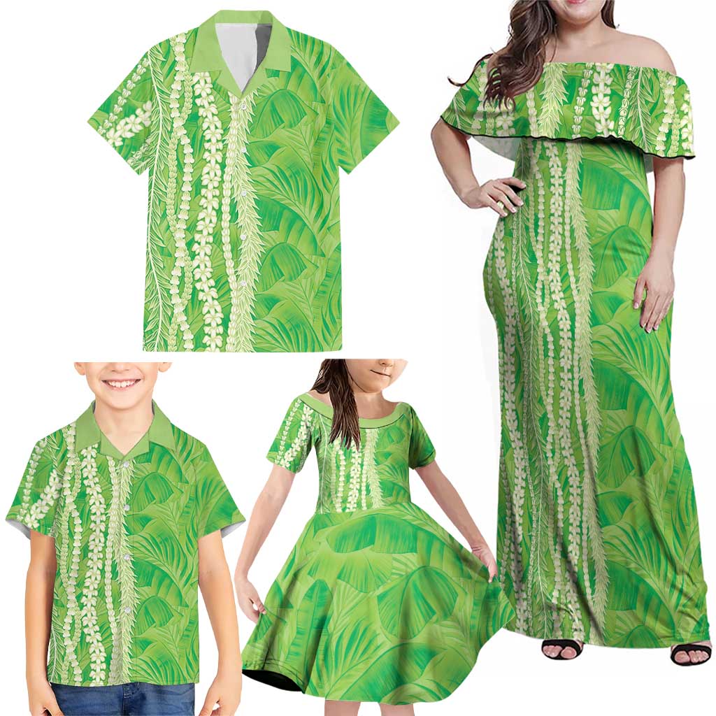 Hawaii Prince Kuhio Family Matching Off Shoulder Maxi Dress and Hawaiian Shirt Lime Green Hawaiian Lau Maia With Leis LT05 - Polynesian Pride