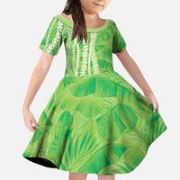 Hawaii Prince Kuhio Family Matching Off Shoulder Short Dress and Hawaiian Shirt Lime Green Hawaiian Lau Maia With Leis LT05 Daughter's Dress Green - Polynesian Pride