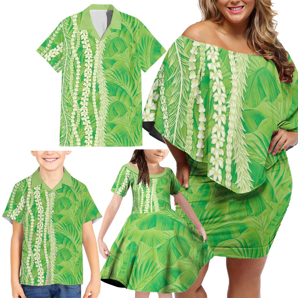 Hawaii Prince Kuhio Family Matching Off Shoulder Short Dress and Hawaiian Shirt Lime Green Hawaiian Lau Maia With Leis LT05 - Polynesian Pride