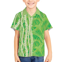 Hawaii Prince Kuhio Family Matching Off Shoulder Short Dress and Hawaiian Shirt Lime Green Hawaiian Lau Maia With Leis LT05 Son's Shirt Green - Polynesian Pride