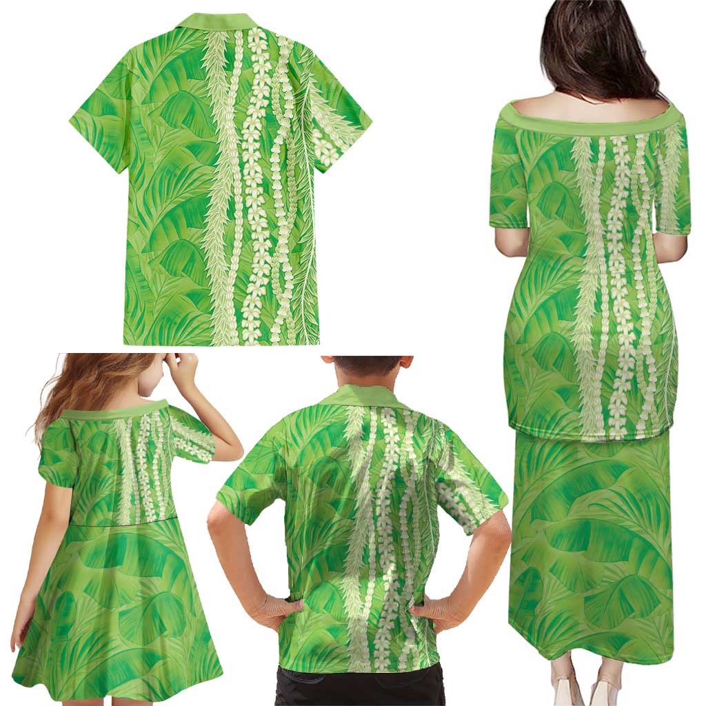 Hawaii Prince Kuhio Family Matching Puletasi and Hawaiian Shirt Lime Green Hawaiian Lau Maia With Leis LT05 - Polynesian Pride