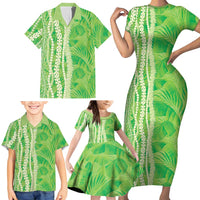 Hawaii Prince Kuhio Family Matching Short Sleeve Bodycon Dress and Hawaiian Shirt Lime Green Hawaiian Lau Maia With Leis LT05 - Polynesian Pride