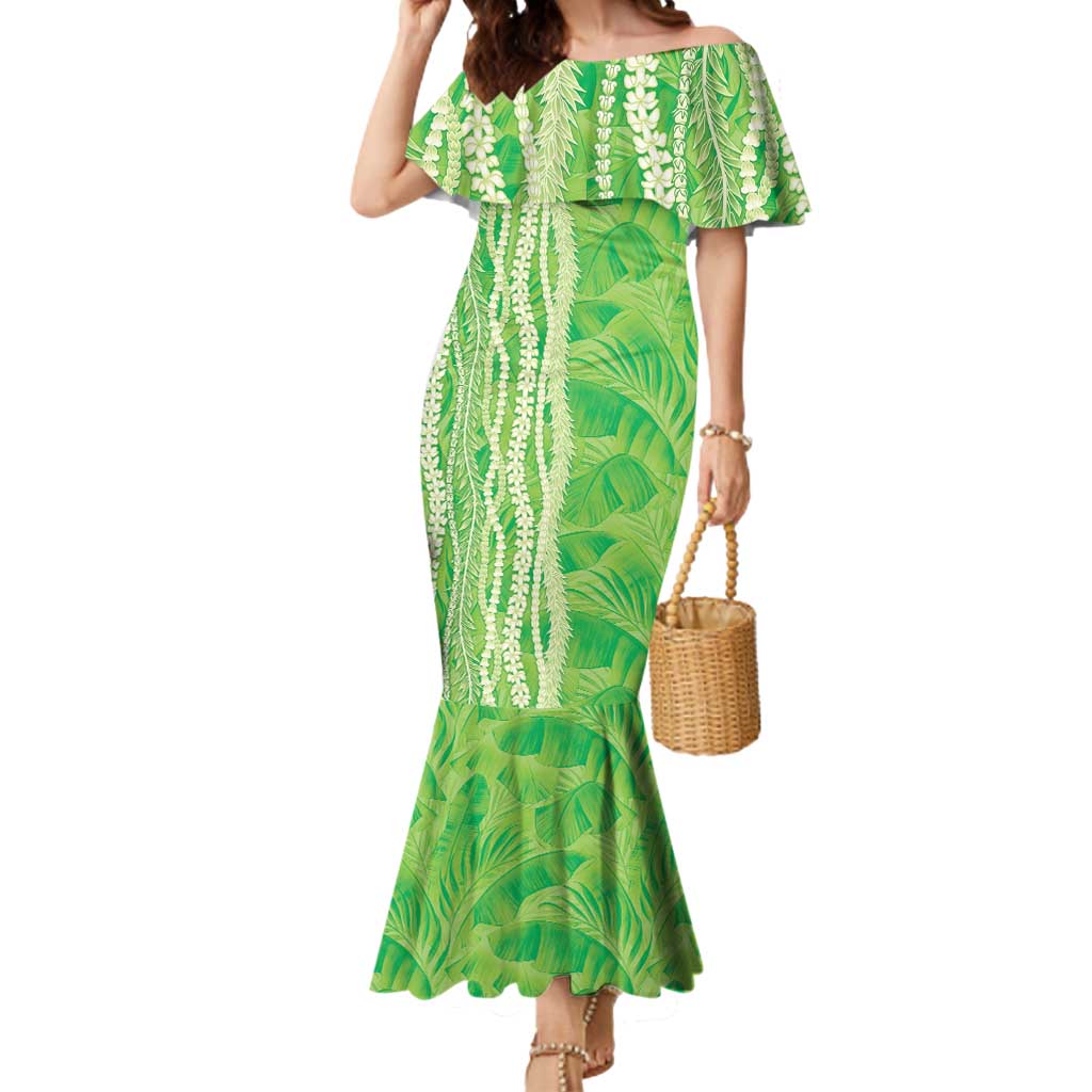Hawaii Prince Kuhio Mermaid Dress Lime Green Hawaiian Lau Maia With Leis LT05 Women Green - Polynesian Pride