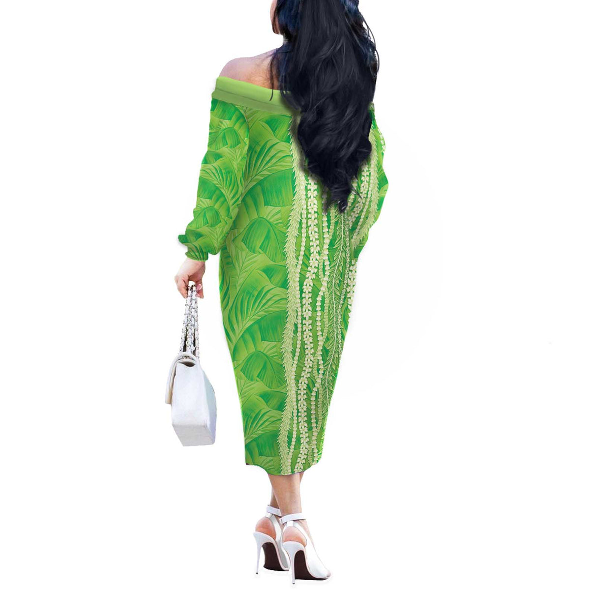 Hawaii Prince Kuhio Off The Shoulder Long Sleeve Dress Lime Green Hawaiian Lau Maia With Leis LT05 - Polynesian Pride