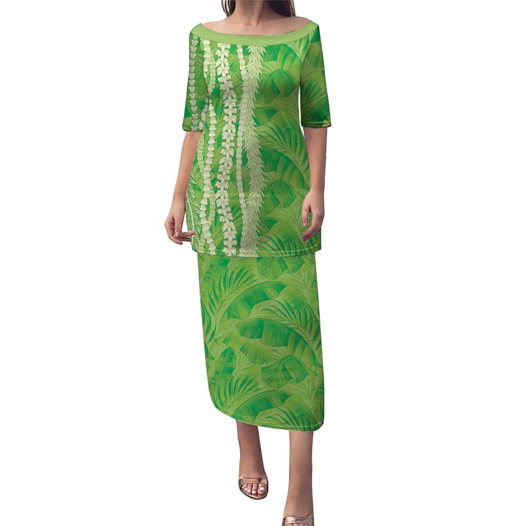 Hawaii Prince Kuhio Puletasi Lime Green Hawaiian Lau Maia With Leis LT05 Long Dress Green - Polynesian Pride