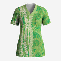 Hawaii Prince Kuhio Scrub Top Lime Green Hawaiian Lau Maia With Leis LT05 Adult Green - Polynesian Pride