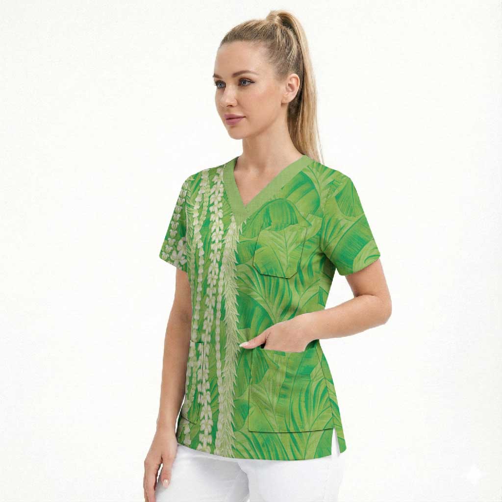 Hawaii Prince Kuhio Scrub Top Lime Green Hawaiian Lau Maia With Leis LT05 - Polynesian Pride