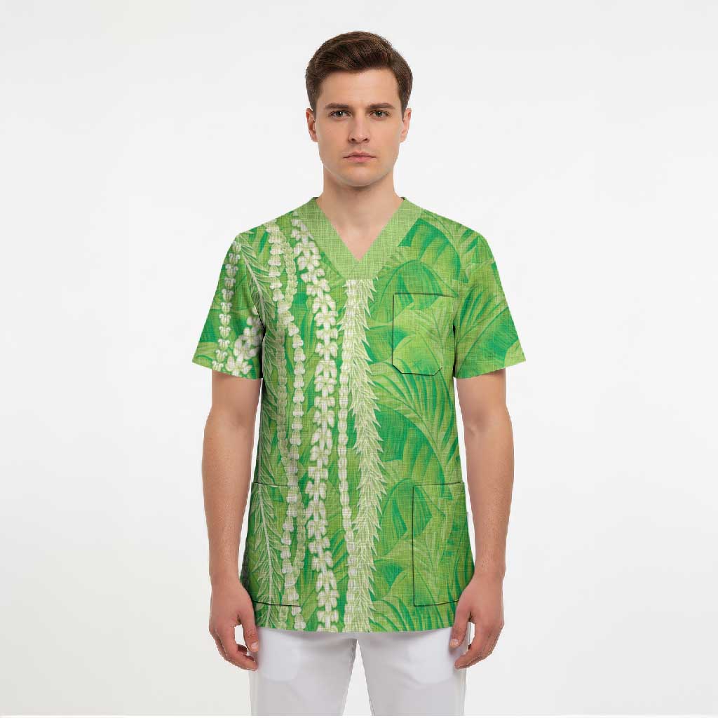 Hawaii Prince Kuhio Scrub Top Lime Green Hawaiian Lau Maia With Leis LT05 - Polynesian Pride
