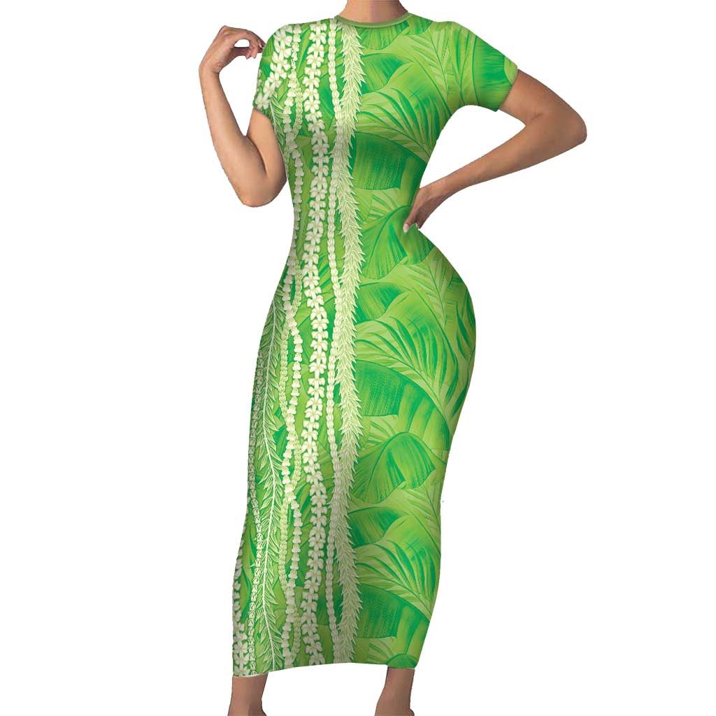 Hawaii Prince Kuhio Short Sleeve Bodycon Dress Lime Green Hawaiian Lau Maia With Leis LT05 Long Dress Green - Polynesian Pride