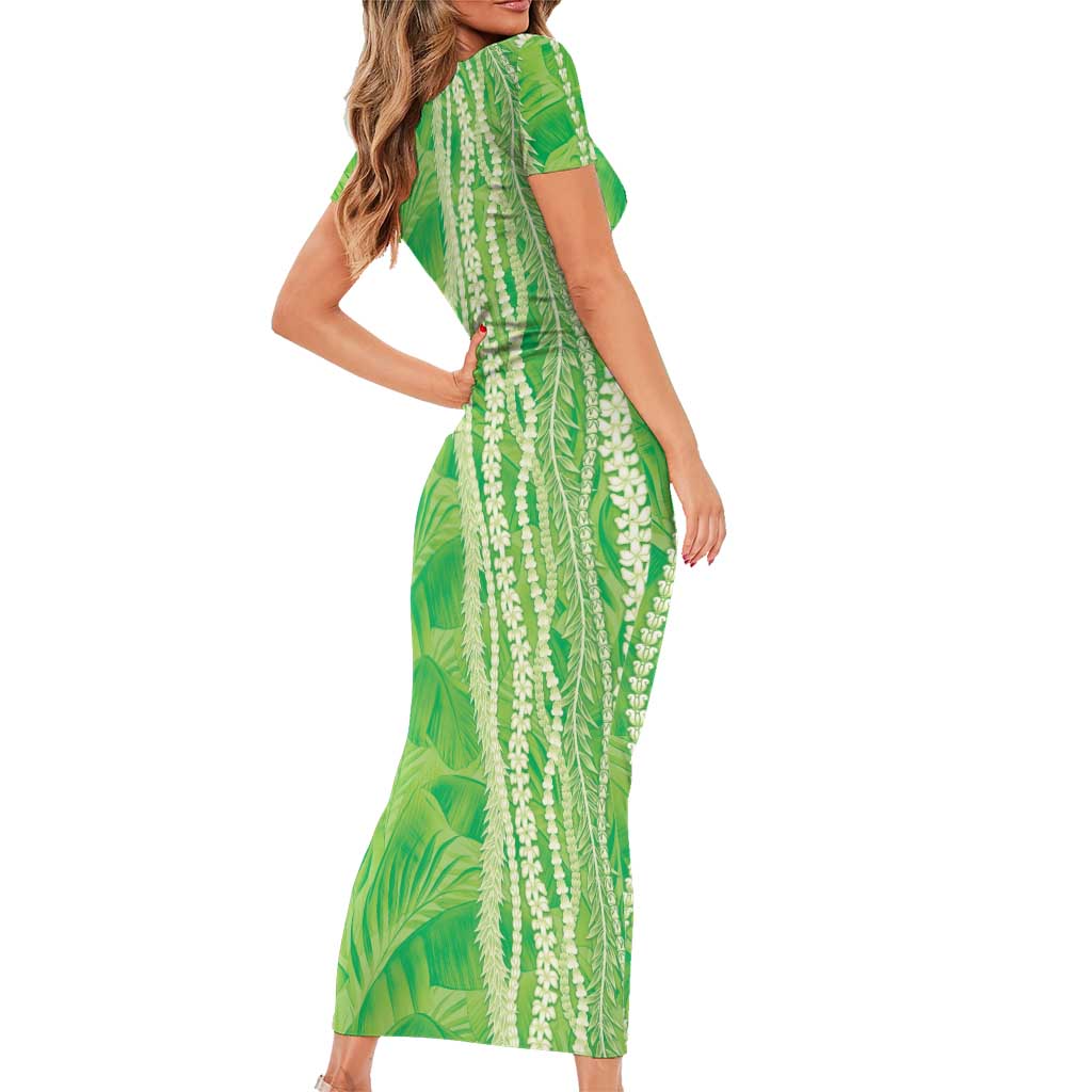 Hawaii Prince Kuhio Short Sleeve Bodycon Dress Lime Green Hawaiian Lau Maia With Leis LT05 - Polynesian Pride