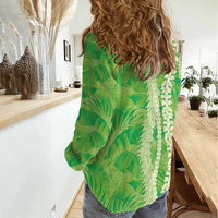 Hawaii Prince Kuhio Women Casual Shirt Lime Green Hawaiian Lau Maia With Leis LT05 - Polynesian Pride