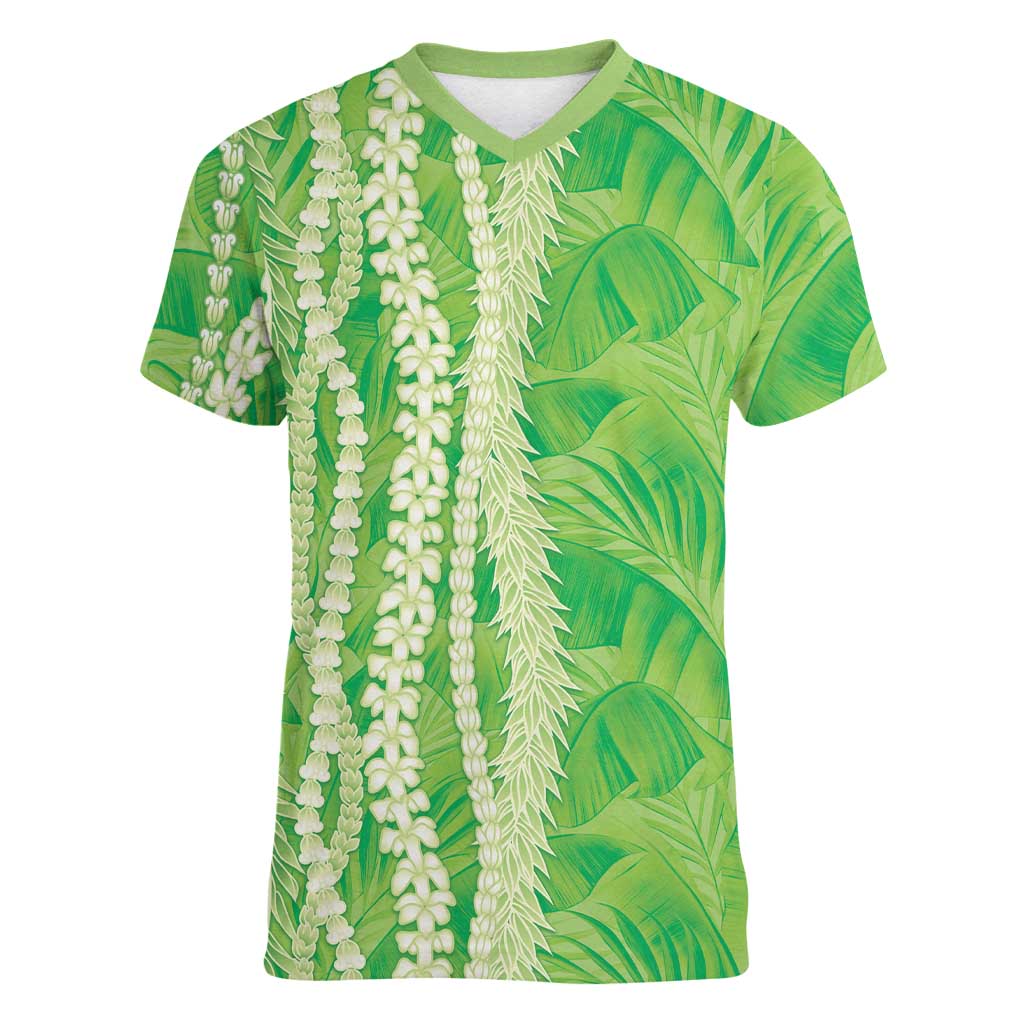 Hawaii Prince Kuhio Women V-Neck T-Shirt Lime Green Hawaiian Lau Maia With Leis LT05 Female Green - Polynesian Pride