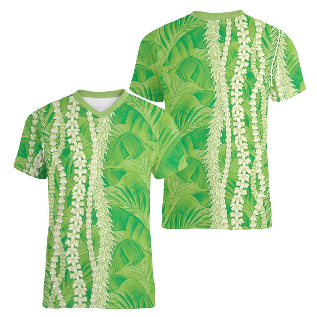 Hawaii Prince Kuhio Women V-Neck T-Shirt Lime Green Hawaiian Lau Maia With Leis LT05 - Polynesian Pride