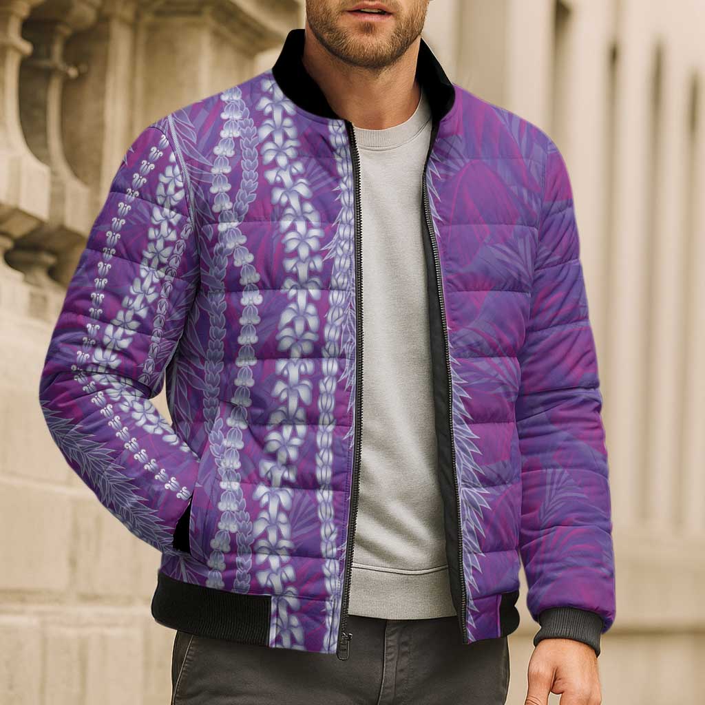 Hawaii Prince Kuhio Bomber Puffer Jacket Violet Hawaiian Lau Maia With Leis