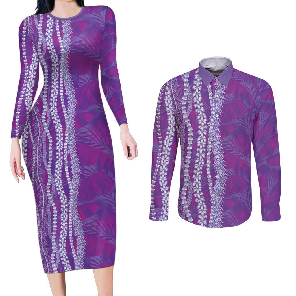 Hawaii Prince Kuhio Couples Matching Long Sleeve Bodycon Dress and Long Sleeve Button Shirt Violet Hawaiian Lau Maia With Leis LT05 Violet - Polynesian Pride