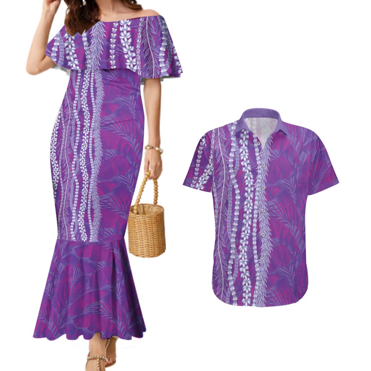 Hawaii Prince Kuhio Couples Matching Mermaid Dress and Hawaiian Shirt Violet Hawaiian Lau Maia With Leis LT05 Violet - Polynesian Pride