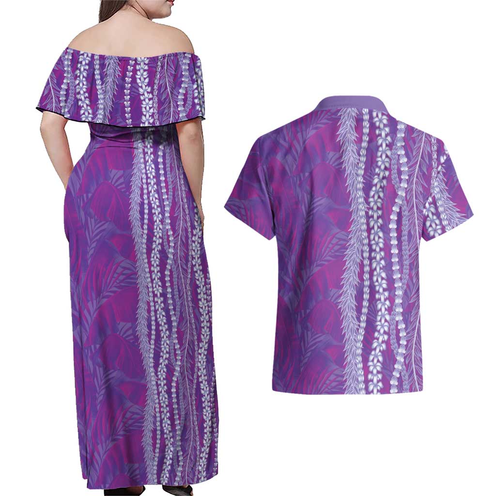 Hawaii Prince Kuhio Couples Matching Off Shoulder Maxi Dress and Hawaiian Shirt Violet Hawaiian Lau Maia With Leis LT05 - Polynesian Pride