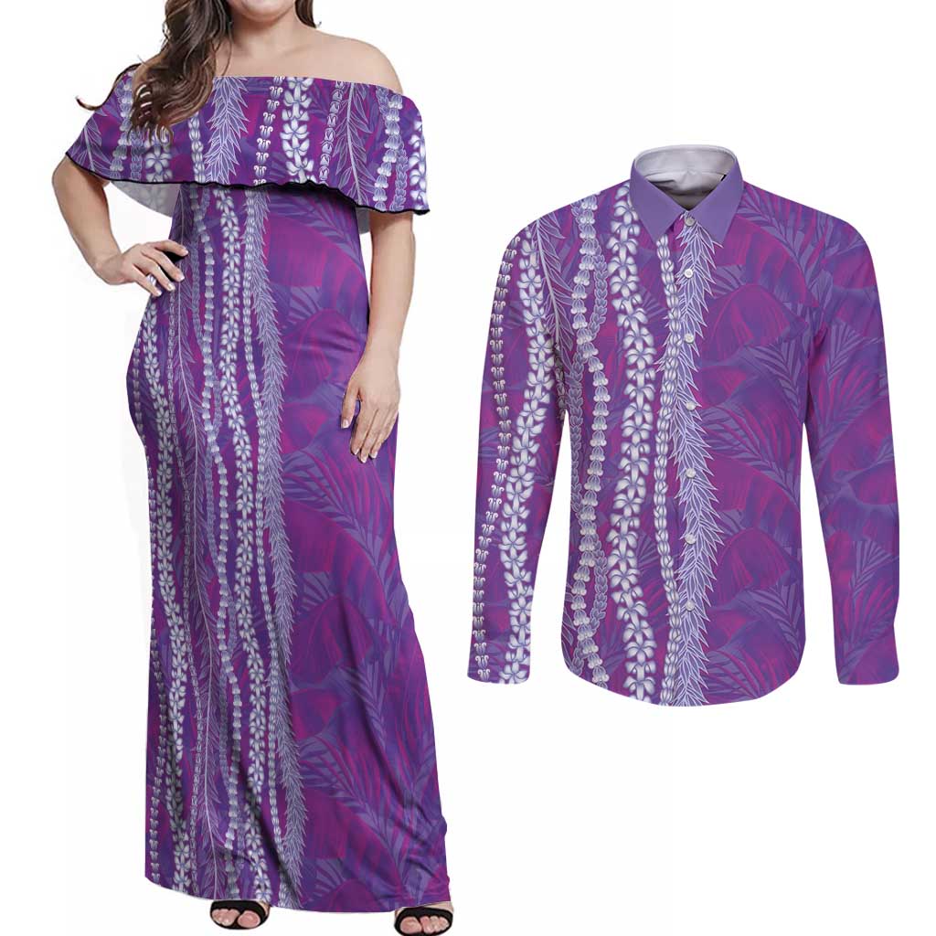 Hawaii Prince Kuhio Couples Matching Off Shoulder Maxi Dress and Long Sleeve Button Shirt Violet Hawaiian Lau Maia With Leis LT05 Violet - Polynesian Pride