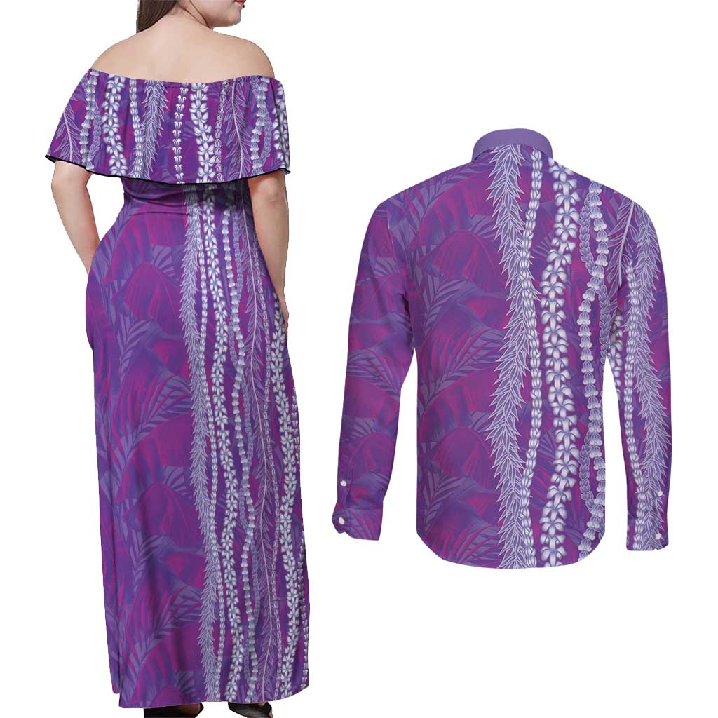 Hawaii Prince Kuhio Couples Matching Off Shoulder Maxi Dress and Long Sleeve Button Shirt Violet Hawaiian Lau Maia With Leis LT05 - Polynesian Pride
