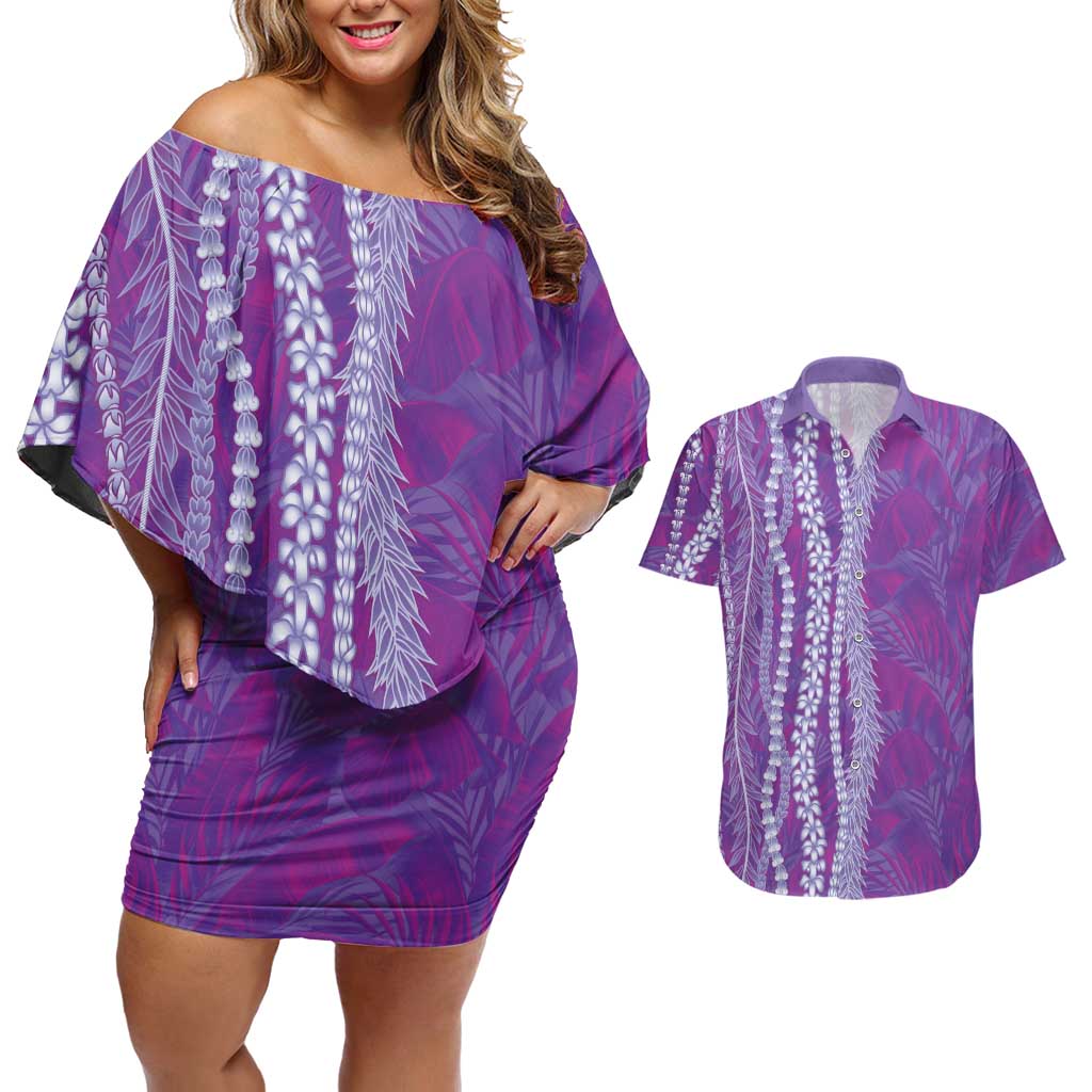 Hawaii Prince Kuhio Couples Matching Off Shoulder Short Dress and Hawaiian Shirt Violet Hawaiian Lau Maia With Leis LT05 Violet - Polynesian Pride